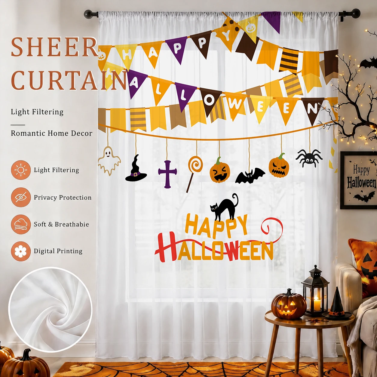 Curtain Sheer Voile - Voilage occultant pour Halloween, rideau de