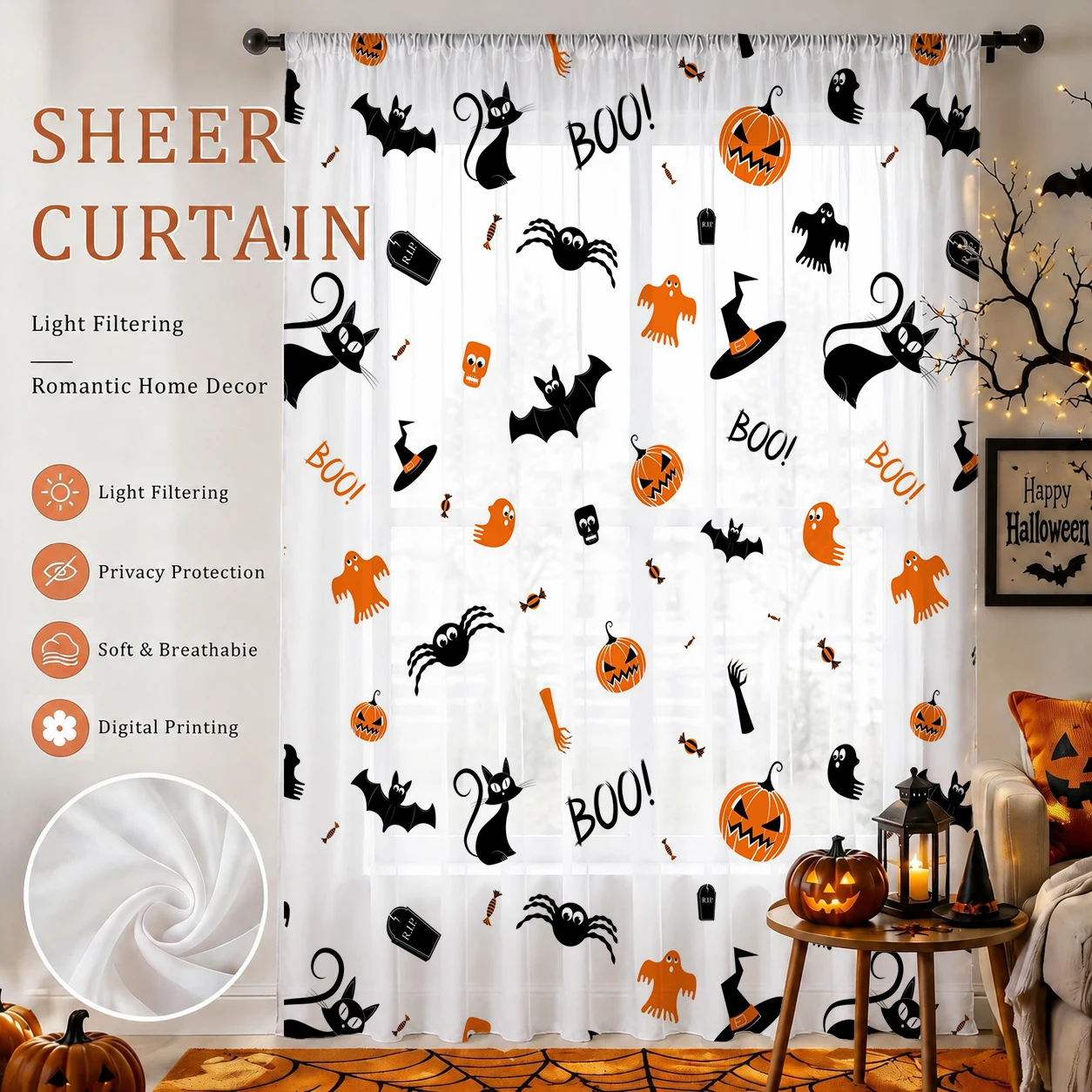 Curtain Sheer Voile - Voilage transparent pour Halloween, voile occultant