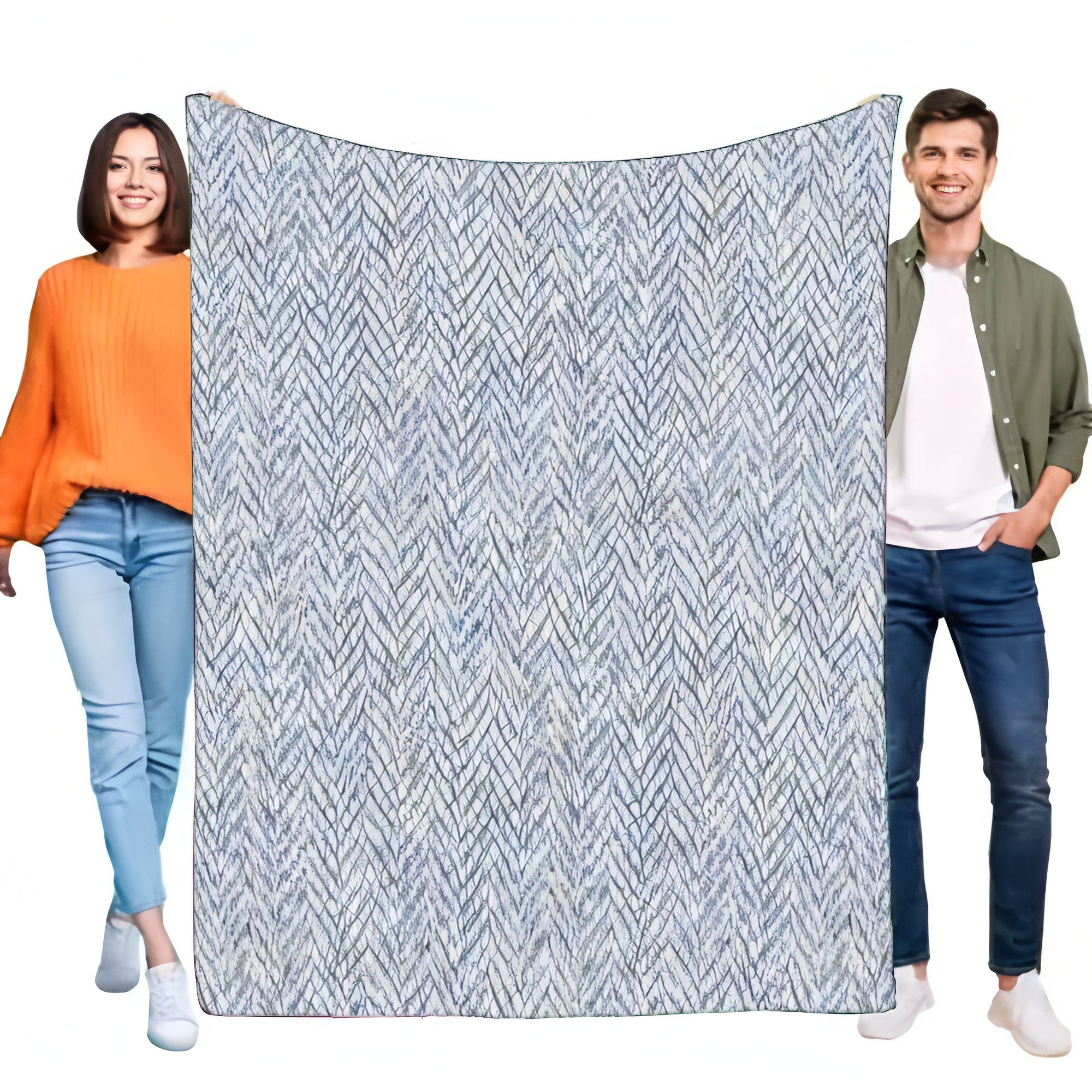 Wool Blanket Herringbone - Couverture moderne à chevrons bleu blanc,